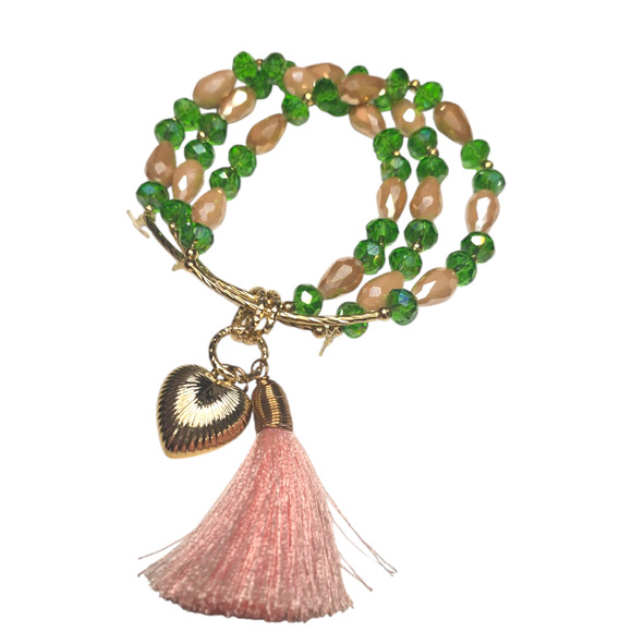 Rubylishious 
Handmade green, and beige glass charms bracelet 
3 layered bracele - Picture 1 of 3